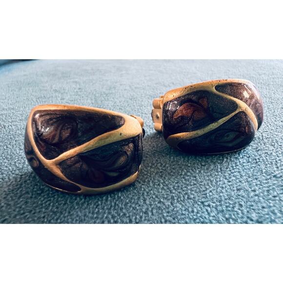 Vintage Abstract Clip-On Earrings Brown Gold Swirl Marbled Enamel Chunky 1980s - Picture 1 of 7